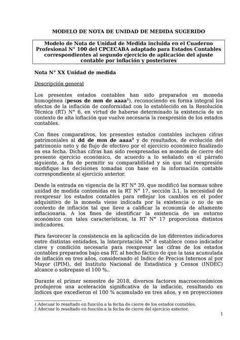 Modelo de Nota sobre Unidad de Medida .